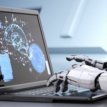 Robot's hands typing on keyboard. 3D illustration